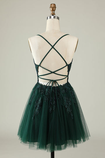 A Line Spaghetti Straps Dark Green Short Graduation Dress with Appliques